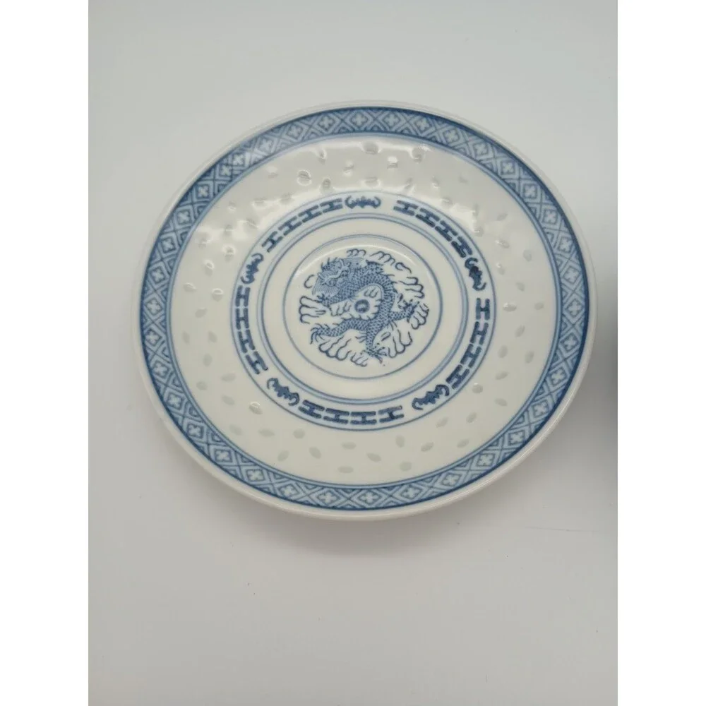 Translucent Tea Cup & Saucer Set Blue Rice Eye White Dragon Vintage Chinese